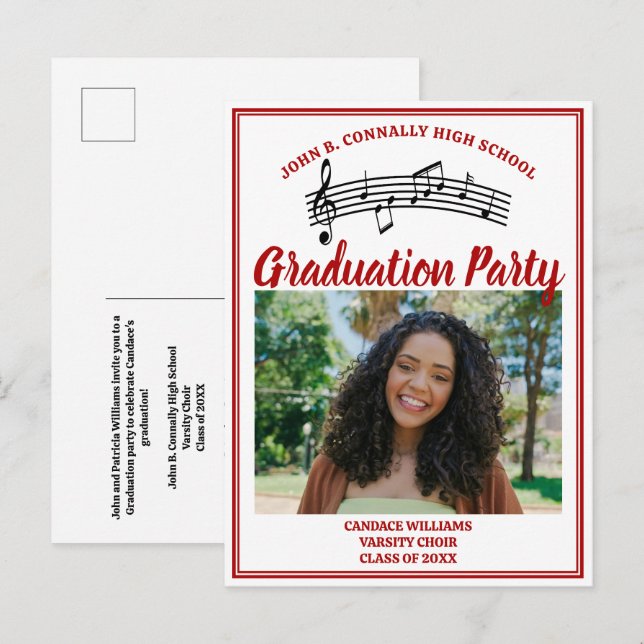 Invitation Carte Postale Red Choir Photo High School Graduation Party (Devant / Derrière)
