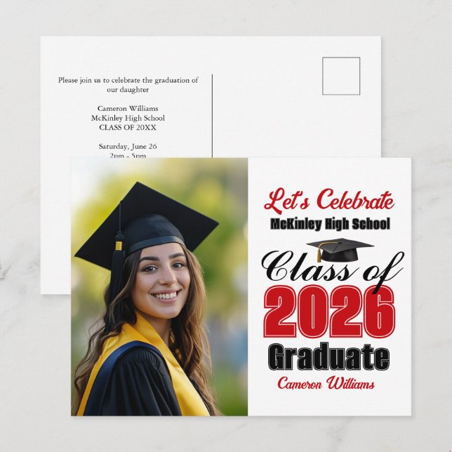 Invitation Carte Postale Red Class of 2026 Photo Graduation Party (Devant / Derrière)