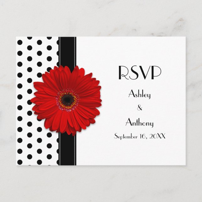 Invitation Carte Postale Red Daisy Noir Blanc Polka Pot Mariage RSVP (Devant)
