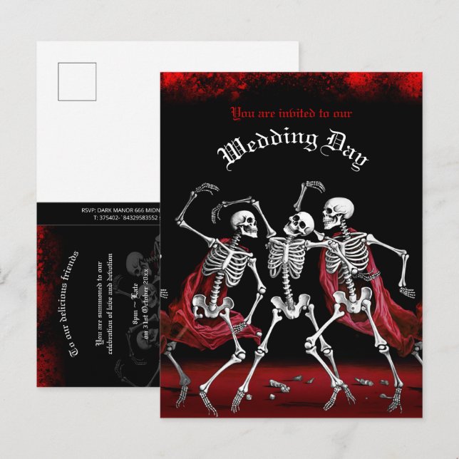 Invitation Carte Postale Red Death Dancing Skeletons Mariage gothique (Devant / Derrière)