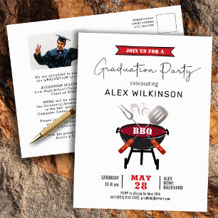 Invitation Carte Postale Red Fun Script 3 Photo Graduation BBQ Party