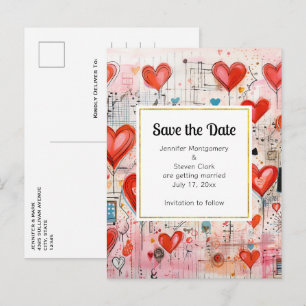 Invitation Carte Postale Red Hearts Whimsical Love Motif Enregistrer la dat