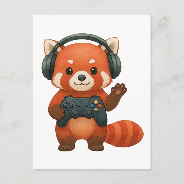 Invitation Carte Postale Red Panda Gamer, contrôleur de jeu et casques (Devant)