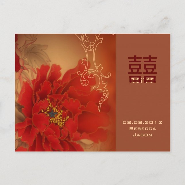 Invitation Carte Postale Red Peony Double Bonheur Mariage chinois RSVP (Devant)