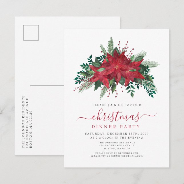 Invitation Carte Postale Red Poinsettia Fleur Noël Soirée (Devant / Derrière)