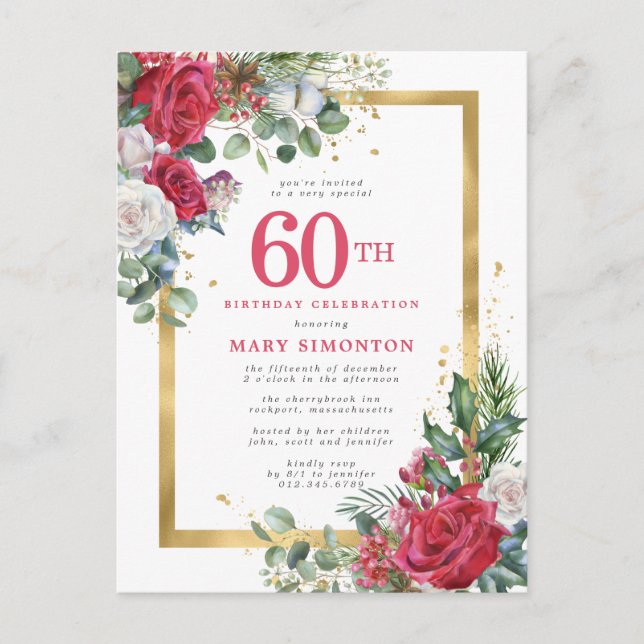 Invitation Carte Postale Red Rose Gold Holly 60e anniversaire (Devant)