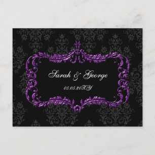 Invitation Carte Postale regal fleurit noir et pourpre damask rsvp