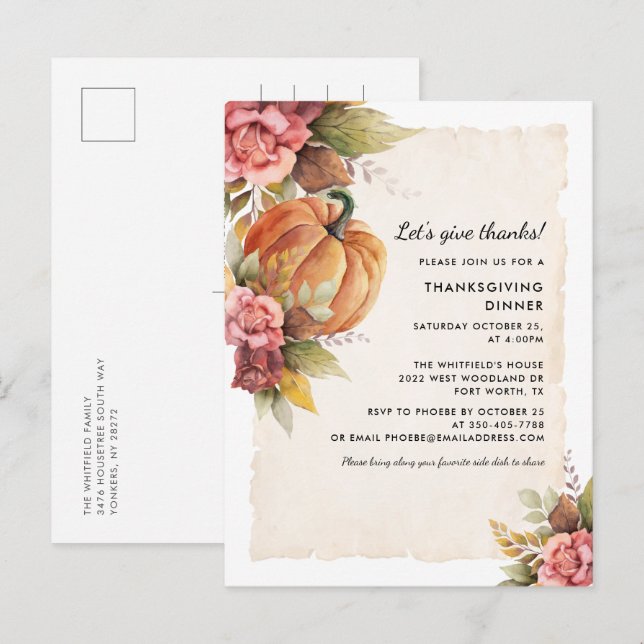 Invitation Carte Postale Remercions Russe Citrouille Thanksgiving (Devant / Derrière)