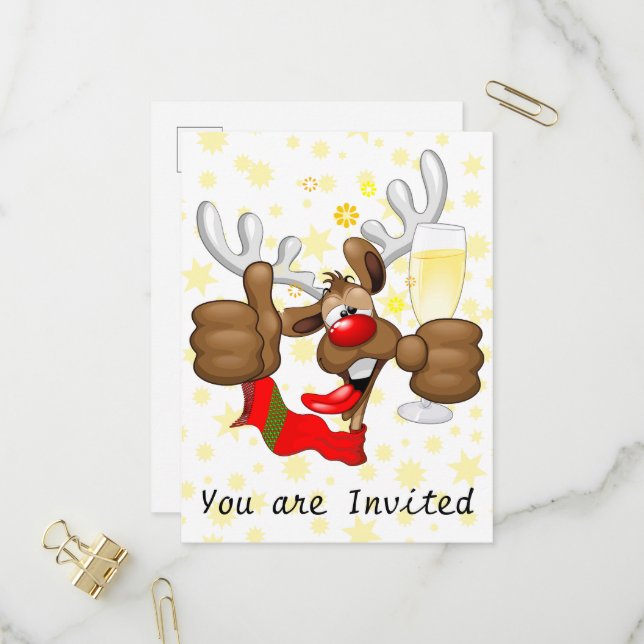 Invitation Carte Postale Renne Ivre Personnage de Noël Drôle (Devant/Arrière en situation)