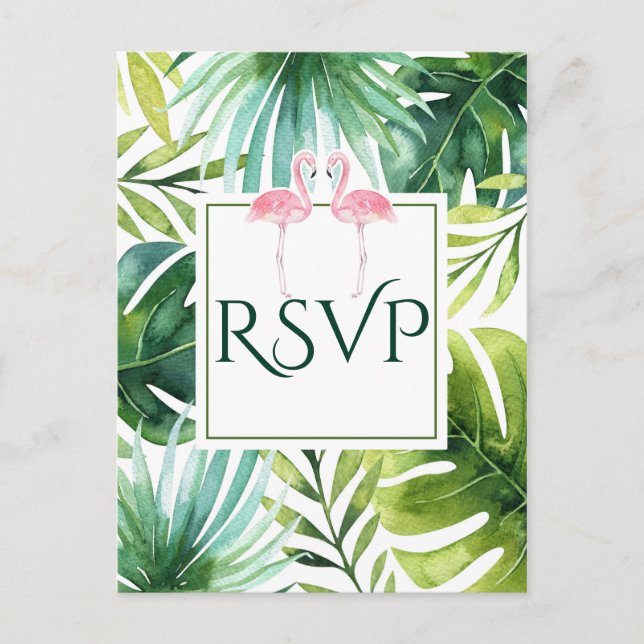Invitation Carte Postale Réponse à un mariage d'été aux feuilles tropicales (Devant)
