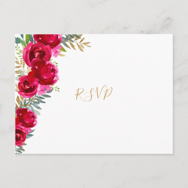 Invitation Carte Postale Réponse de mariage élégante aux fleurs fuchsia dor (Devant)