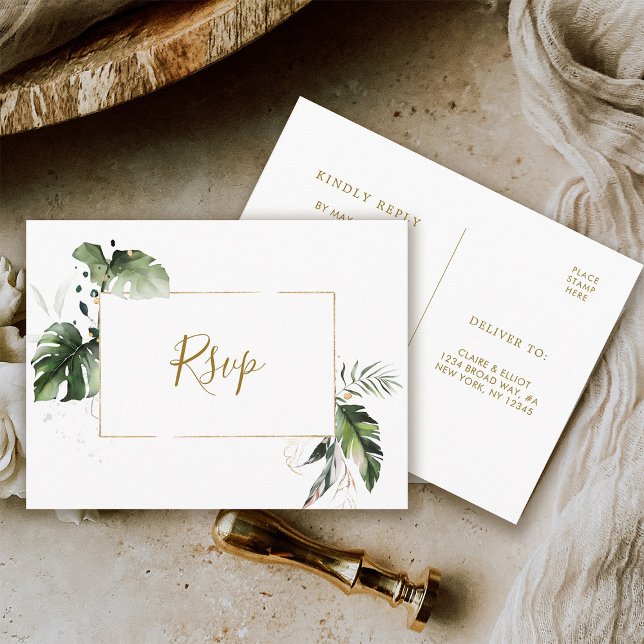 Invitation Carte Postale Réponse de mariage en aquarelle tropicale or (Front & Back)