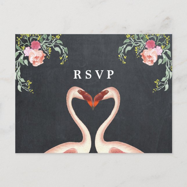 Invitation Carte Postale réponse de mariage floral flamant tropical (Devant)