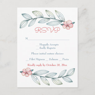 Invitation Carte Postale Réponse florale bleu gris feuilles de laurier fleu