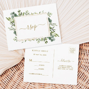 Invitation Carte Postale Réponse pour le mariage avec la verdure dorée bota