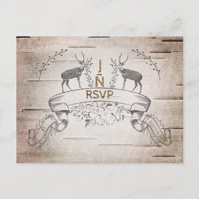 Invitation Carte Postale Réponse RSVP Mariage Cerf Rustique & Branches de B (Devant)