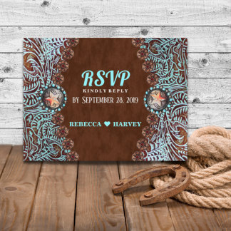 Invitation Carte Postale réponse turquoise marron mariage western country
