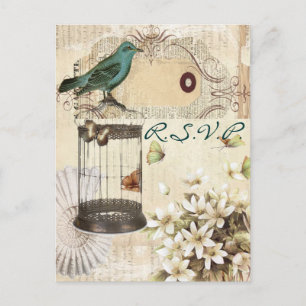 Invitation Carte Postale Réponse vintage du mariage botanique de cage à ois