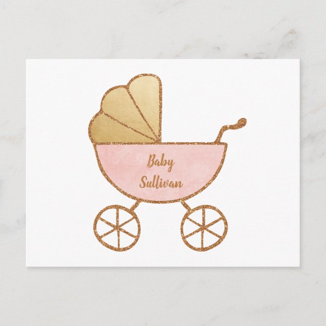 Invitation Carte Postale Retro Carriage rose or virtuel bébé fille douche (Devant)