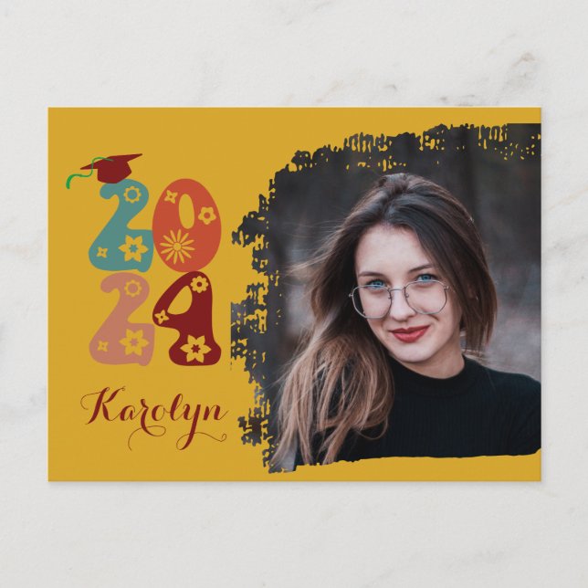 Invitation Carte Postale Retro Floral Script Chic Photo Graduation (Devant)