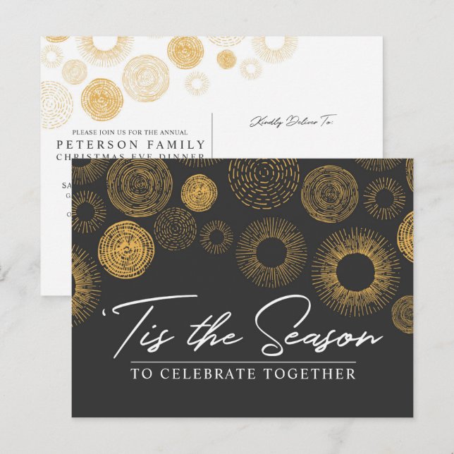 Invitation Carte Postale Retro Noël Gold Burst Dîner de vacances / Fête (Devant / Derrière)