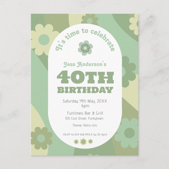 Invitation Carte postale retro sauge vert 40e anni (Devant)