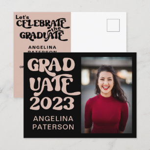 Invitation Carte Postale Retro Script Photo Black & Pink Graduate Party