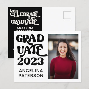 Invitation Carte Postale Retro Script Photo Black & White Graduate Party