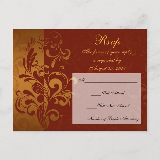 Invitation Carte Postale Rich Brick Red / Gold Reverse Swil RSVP Réponse (Devant)