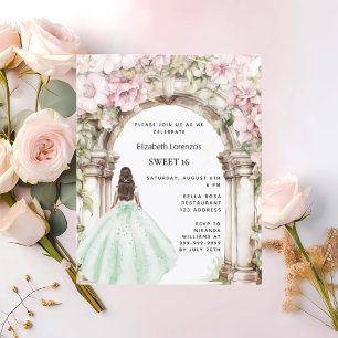 Invitation Carte Postale Robe d'arc rose vert floraux Sweet 16