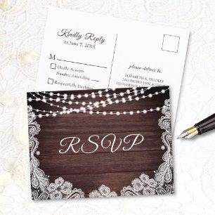 Invitation Carte Postale Robe de dentelle en bois rustique Lumières Mariage