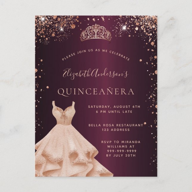 Invitation Carte Postale Robe de Quinceanera bordeaux rose gold paillettes (Devant)