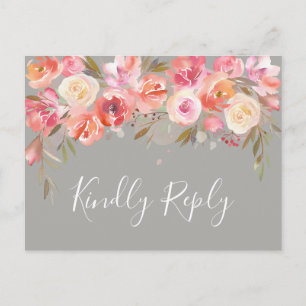 Invitation Carte Postale Romantique Blush Bloom Mariage floral RSVP   Gris