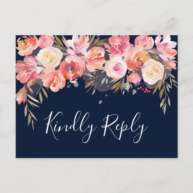 Invitation Carte Postale Romantique Blush Bloom Mariage floral RSVP | Marin (Devant)