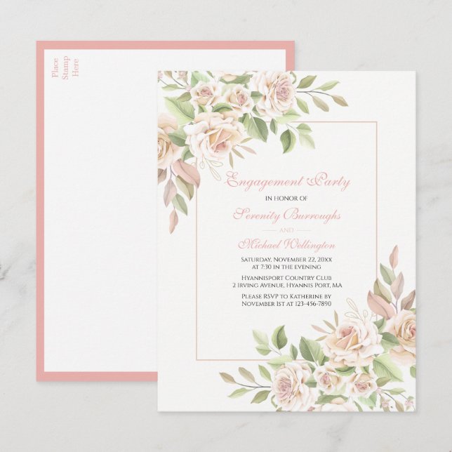Invitation Carte Postale Rose Aquarelle rose Floral (Devant / Derrière)
