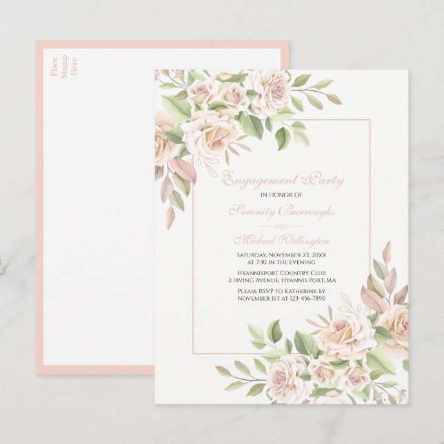Invitation Carte Postale Rose Aquarelle rose Floral Engagement Party Invi (Devant / Derrière)