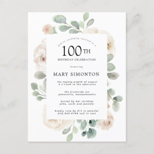 Invitation Carte Postale Rose blanche Floral Eucalyptus 100e fête d'anniver