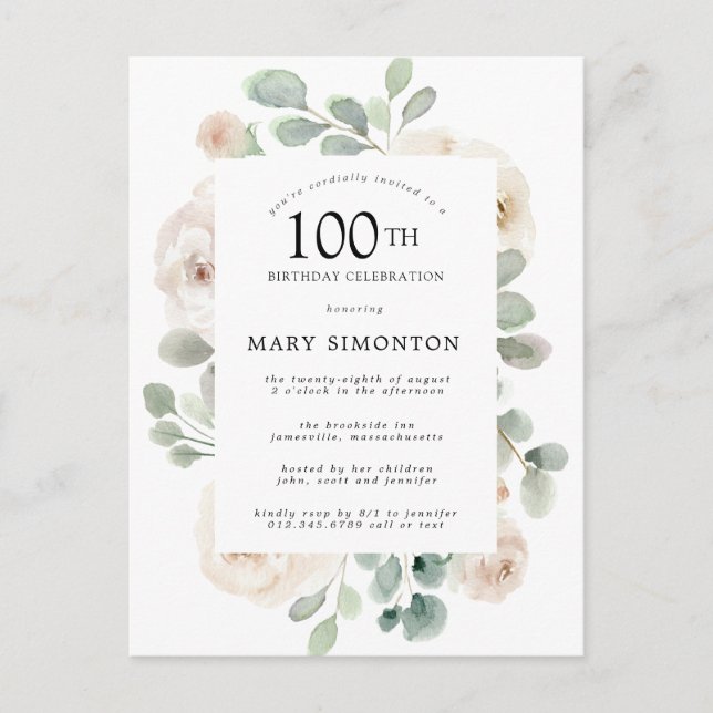 Invitation Carte Postale Rose blanche Floral Eucalyptus 100e fête d'anniver (Devant)