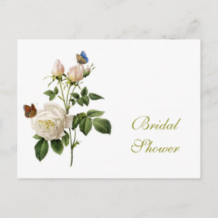 Invitation Carte Postale Rose blanche vintage, papillons nuptiale
