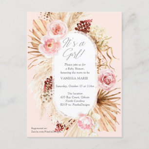 Invitation Carte Postale Rose c'est une fille boho aquarelle pampas floral