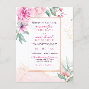 Invitation Carte Postale Rose couleur rose chic Buds Classic Mariage