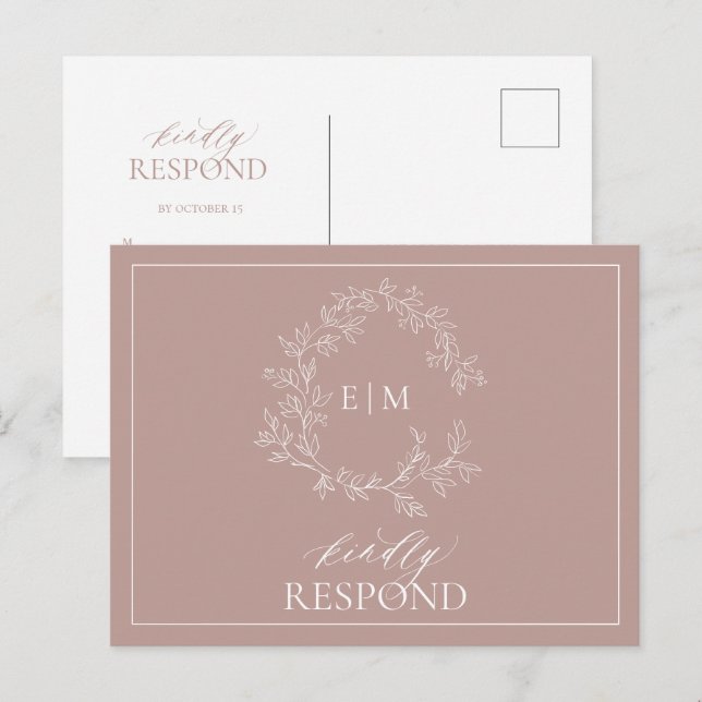 Invitation Carte Postale Rose Dusty Crest Monogramme Mariage RSVP (Devant / Derrière)
