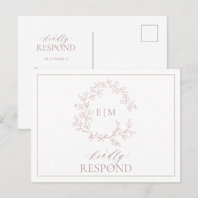 Invitation Carte Postale Rose Dusty Crest Monogramme Mariage RSVP (Devant / Derrière)