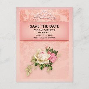 Invitation Carte Postale Rose floral & Diamond Tiara Princess Enregistrer l
