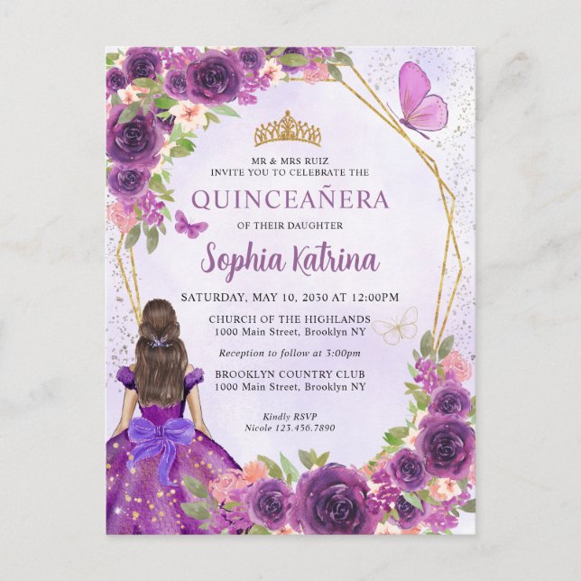 Invitation Carte Postale Rose foncé or Floral Princesse Quinceañera (Devant)