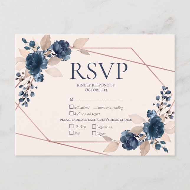 Invitation Carte Postale Rose Gold Dusty rose marine mariage floral RSVP (Devant)
