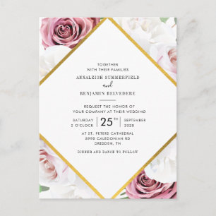 Invitation Carte Postale Rose Gold et Blanc Floral Géométrique Mariage