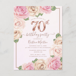 Invitation Carte Postale Rose Gold Floral 70e Anniversaire Élégant et Brill