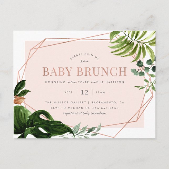 Invitation Carte Postale Rose Gold Géométrique Verdure Bébé Brunch (Devant)
