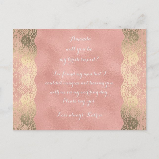 Invitation Carte Postale Rose Gold Lace Blush Serez-Vous Ma Femme D'Accueil (Devant)